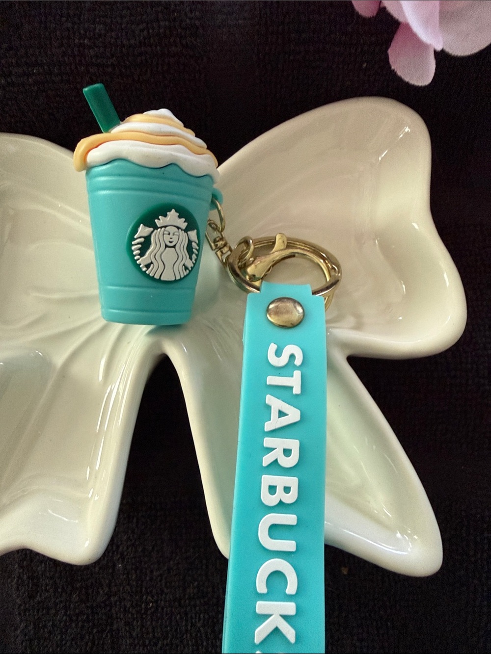 Starbucks Turquoise and White Frappuccino Keyring with Gold Hardware